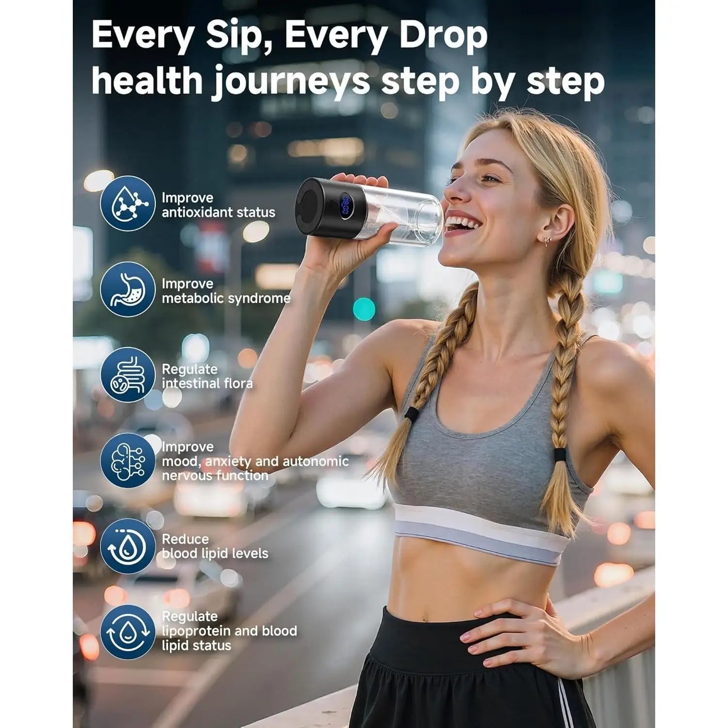 Hydrogen Water Bottle. Cyclic Mode for 8 Hours, Self Clean