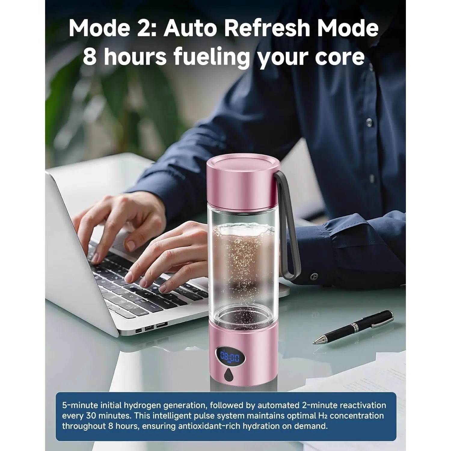 Hydrogen Water Bottle. Cyclic Mode for 8 Hours, Self Clean