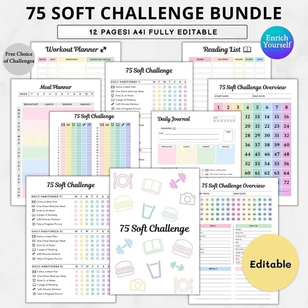 75-Day Soft Challenge Planner Notebook, 75 Easy Target Tracker Journal