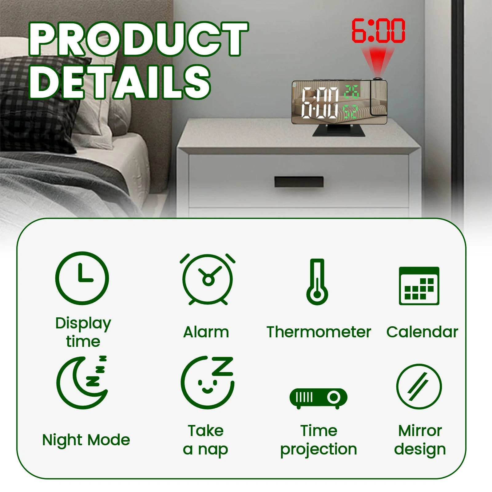 Projection digital alarm clock 180 ° arm projection LED alarm clock