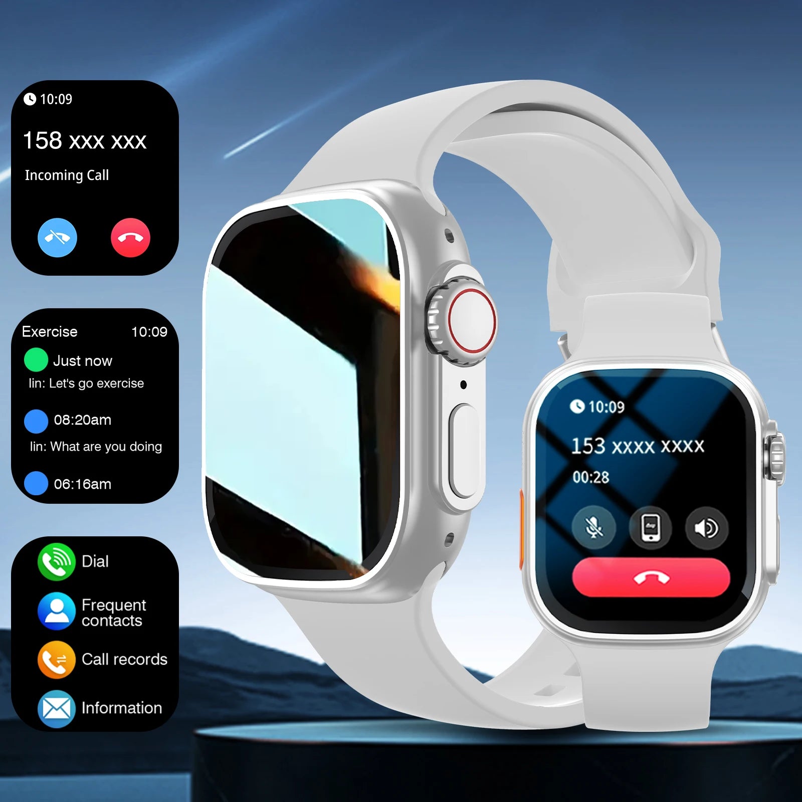 Smart watch, customizable dial, multiple sports modes, answer/make calls