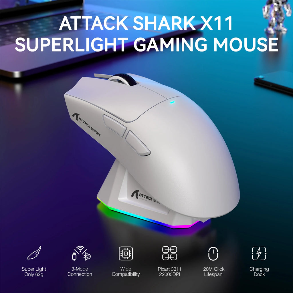 ATTACK SHARK X11 Lightweight Wireless Gaming Mouse with RGB Backlight Charging,