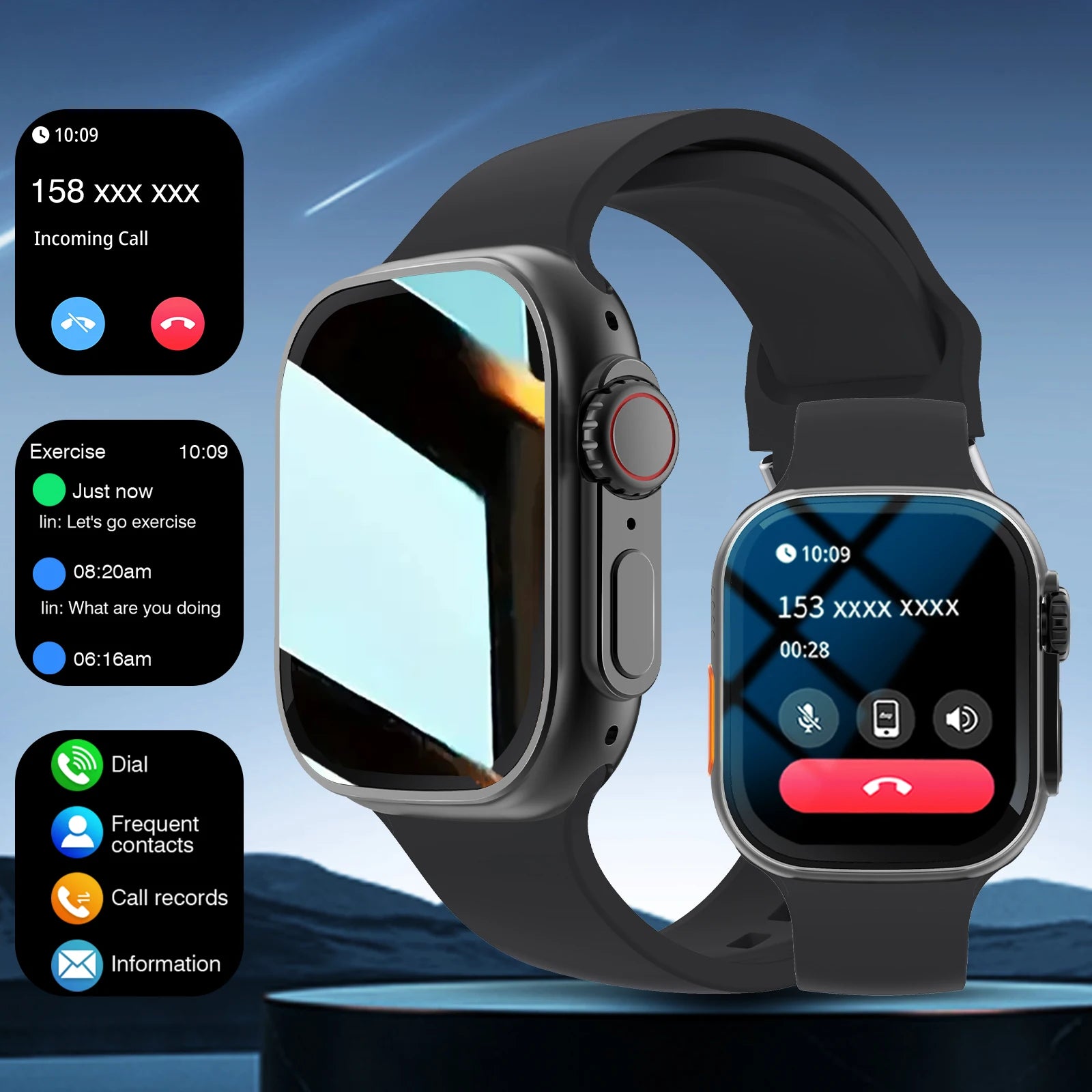 Smart watch, customizable dial, multiple sports modes, answer/make calls