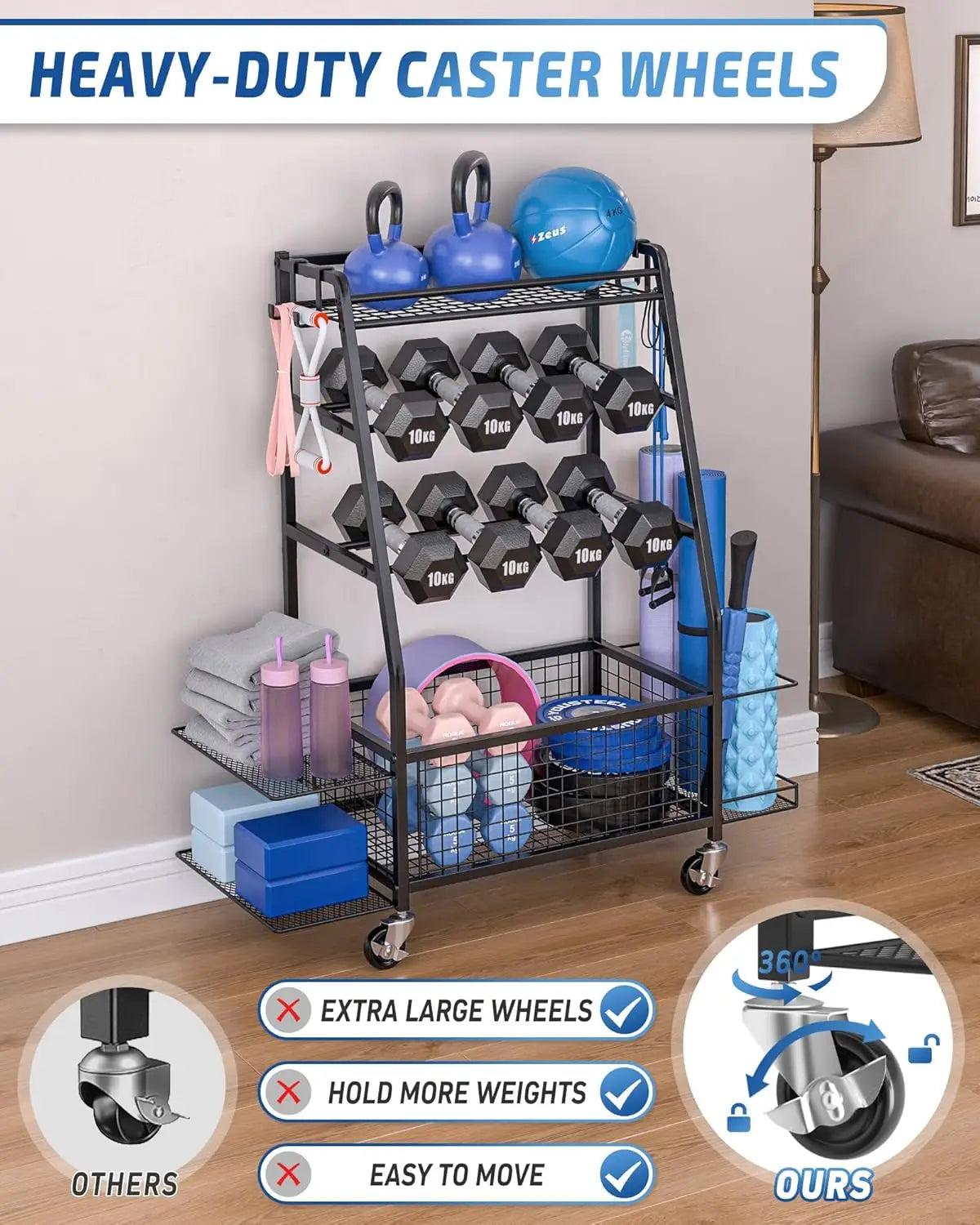 Dumbbell Weight Rack with 4 Wheels and Dual-Side Storage for Home Gym Organization